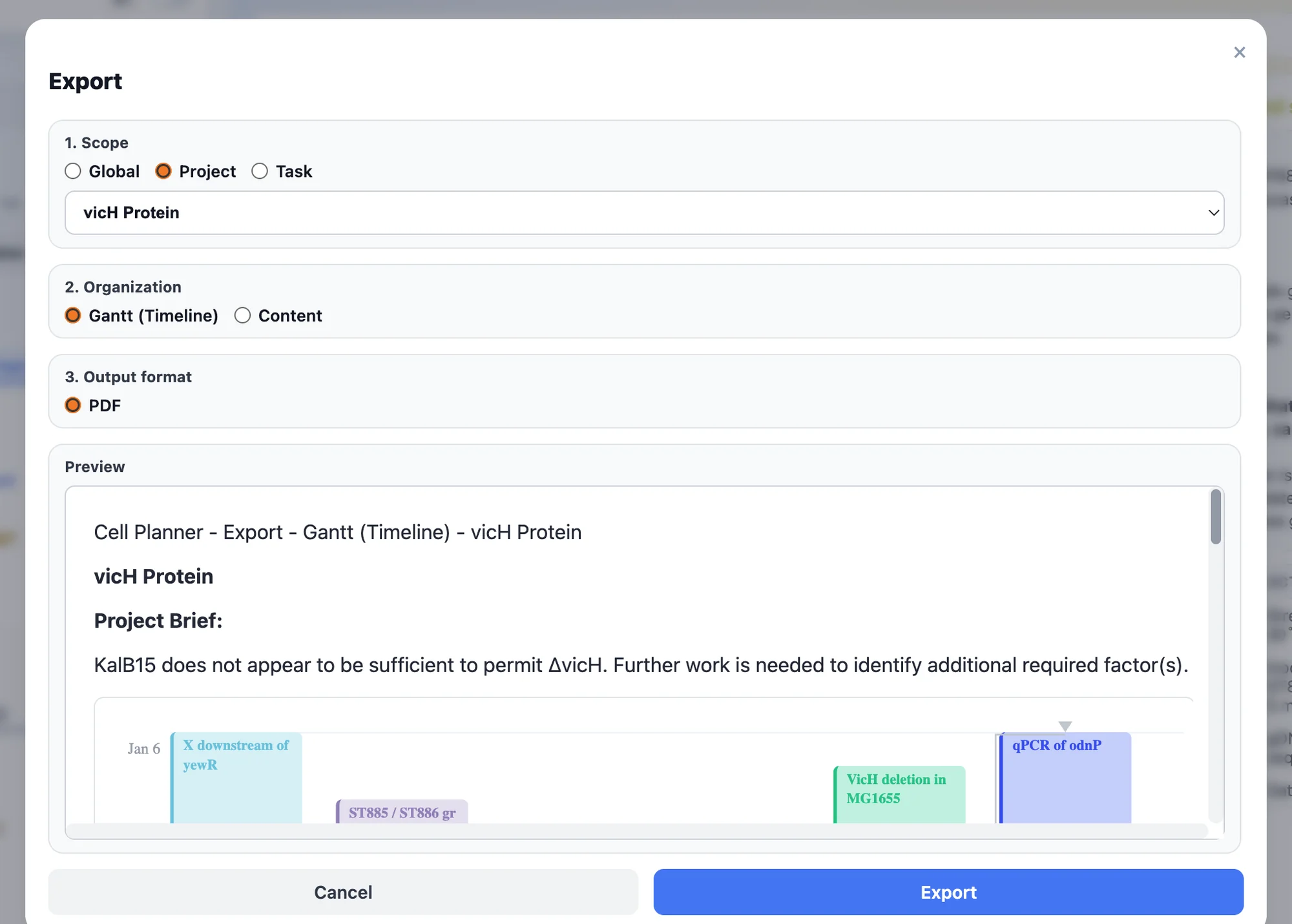 Lab Notes export dialog with a Gantt preview