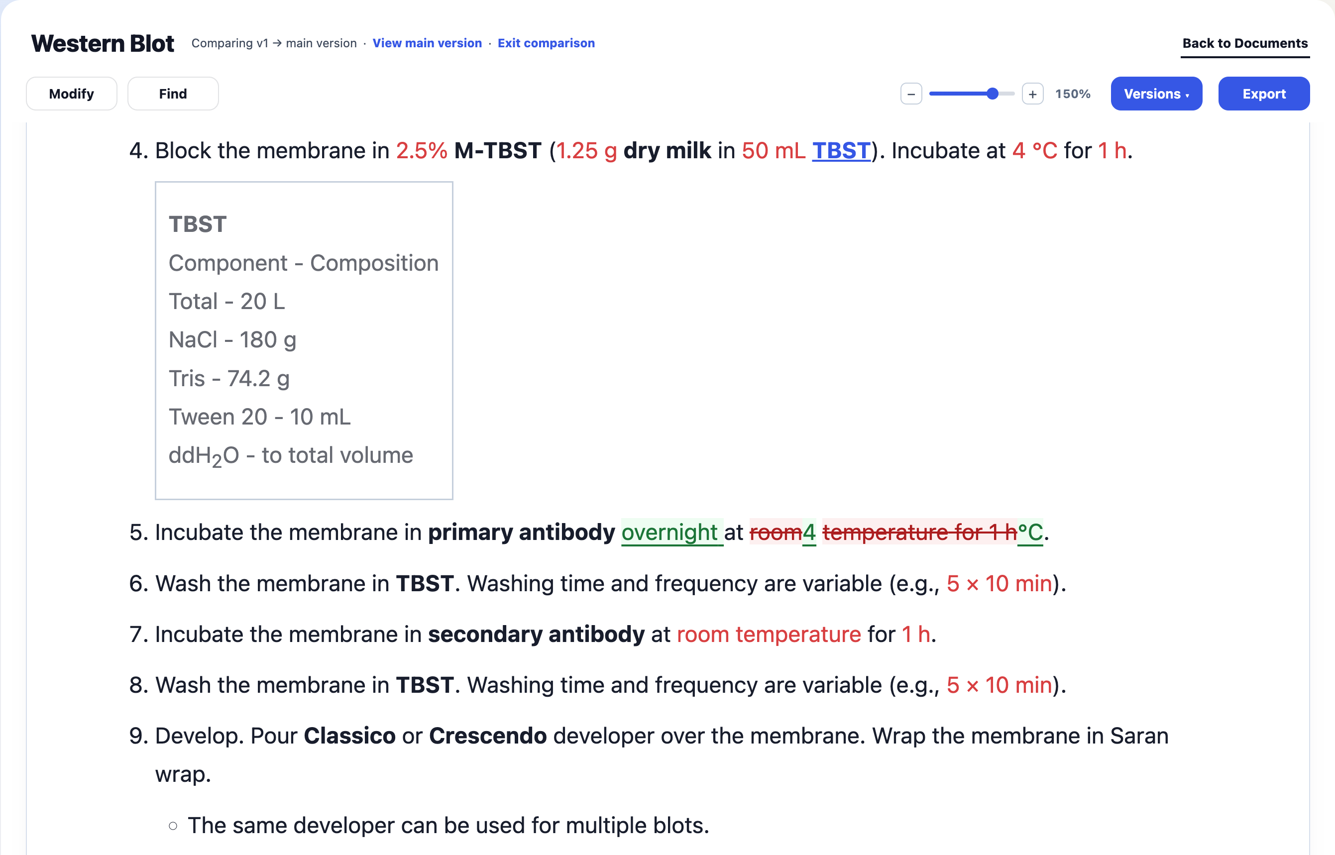 A protocol version compared with the main version