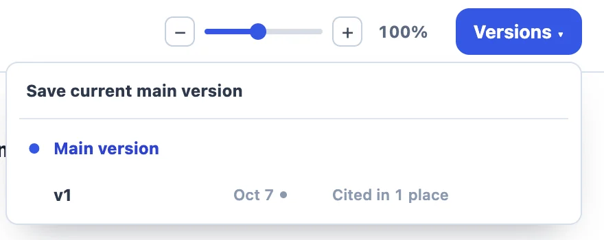 Versions menu showing where each version is cited